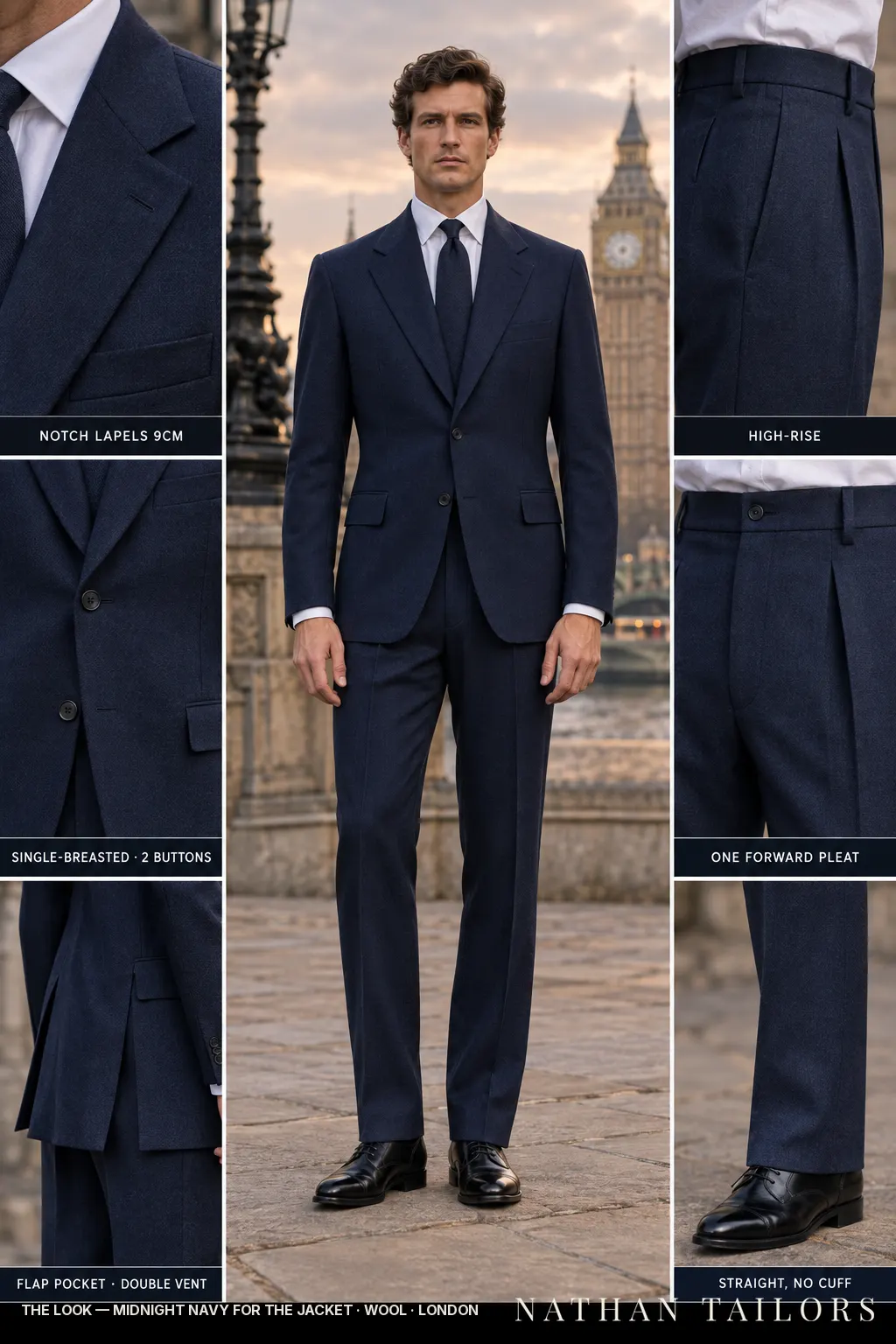 Midnight navy for the jacket, single-breasted bespoke suit โ custom tailored by Nathan Tailors, the Hoi An custom tailor