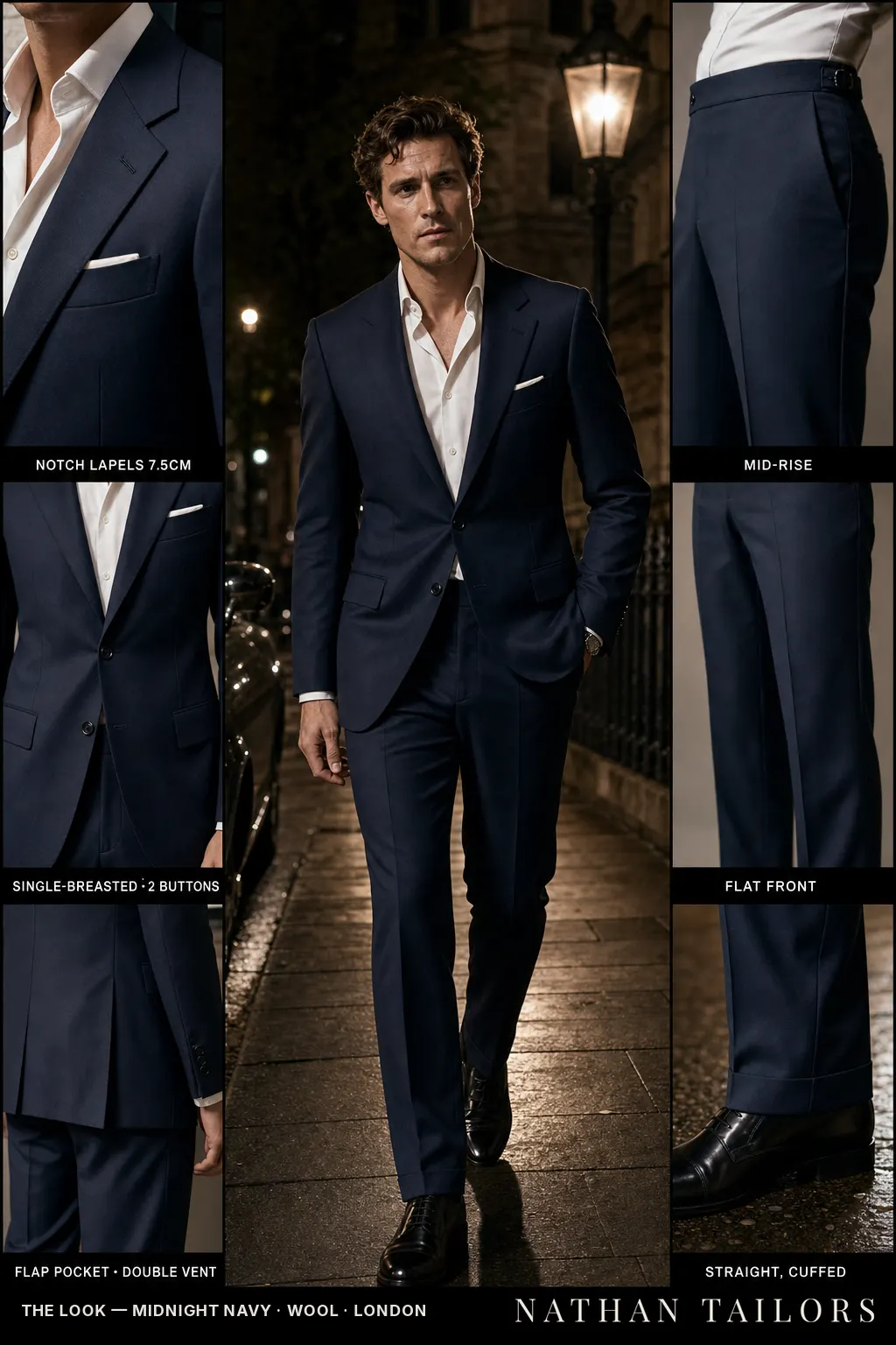midnight navy single-breasted notch-lapel bespoke suit โ AI-rendered by Nathan Tailors, the Hoi An custom tailor. Available as a custom tailored suit from $149.