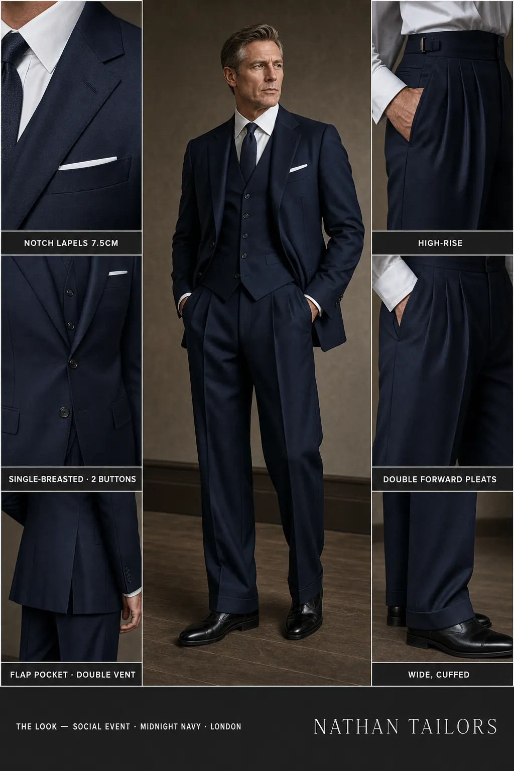midnight navy single-breasted notch-lapel bespoke suit — AI-rendered by Nathan Tailors, the Hoi An custom tailor. Available as a custom tailored suit from $149.