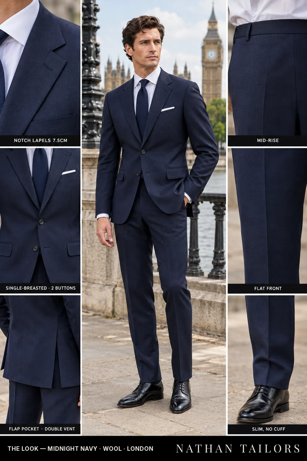 midnight navy single-breasted notch-lapel bespoke suit — AI-rendered by Nathan Tailors, the Hoi An custom tailor. Available as a custom tailored suit from $149.
