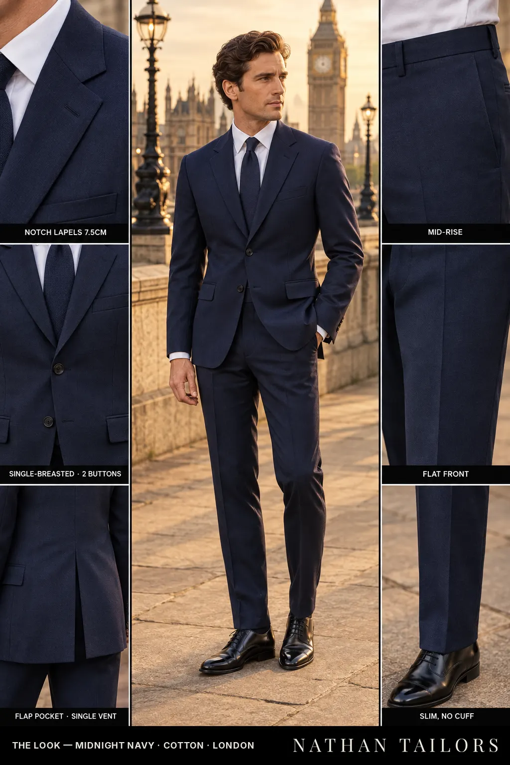 midnight navy single-breasted bespoke suit โ custom tailored by Nathan Tailors, the Hoi An custom tailor