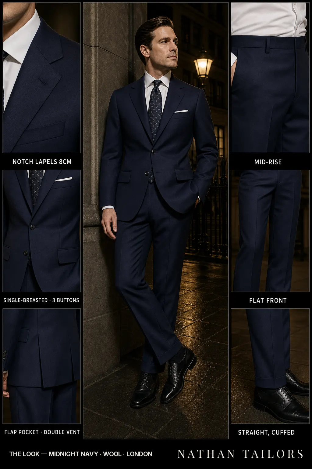 midnight navy single-breasted notch-lapel bespoke suit — AI-rendered by Nathan Tailors, the Hoi An custom tailor. Available as a custom tailored suit from $149.