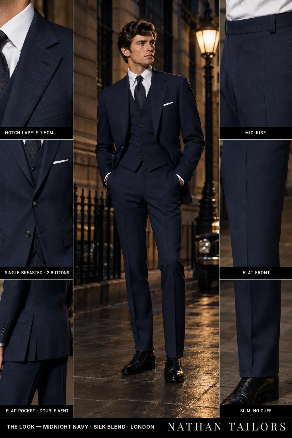 midnight navy single-breasted bespoke suit — custom tailored by Nathan Tailors, the Hoi An custom tailor