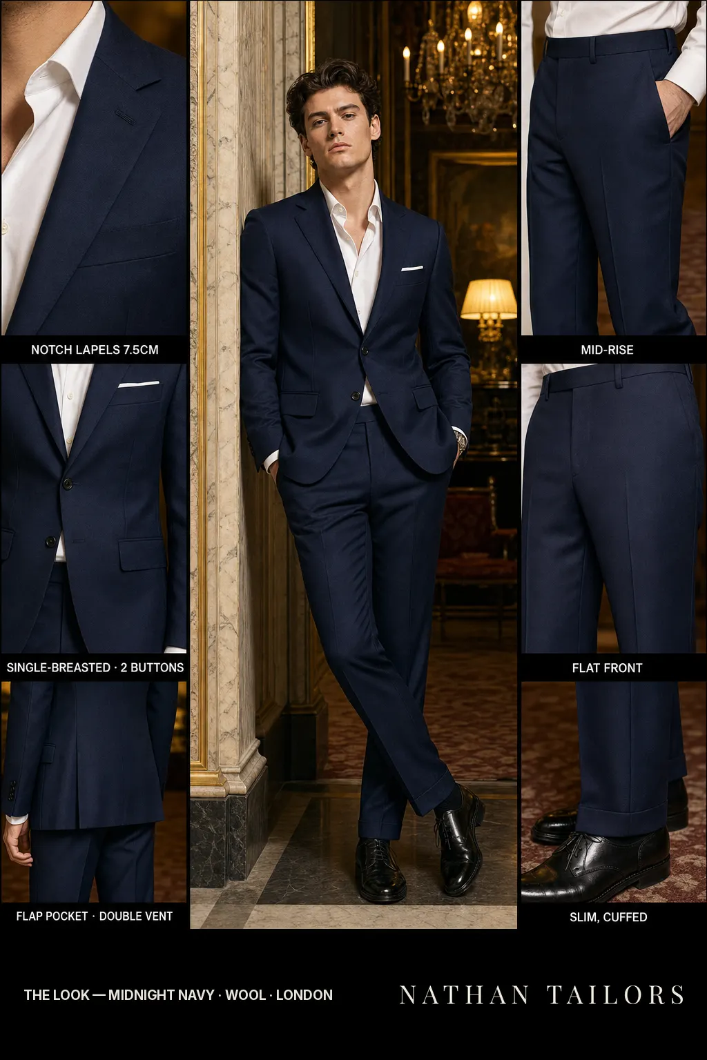 midnight navy single-breasted notch-lapel bespoke suit โ AI-rendered by Nathan Tailors, the Hoi An custom tailor. Available as a custom tailored suit from $149.