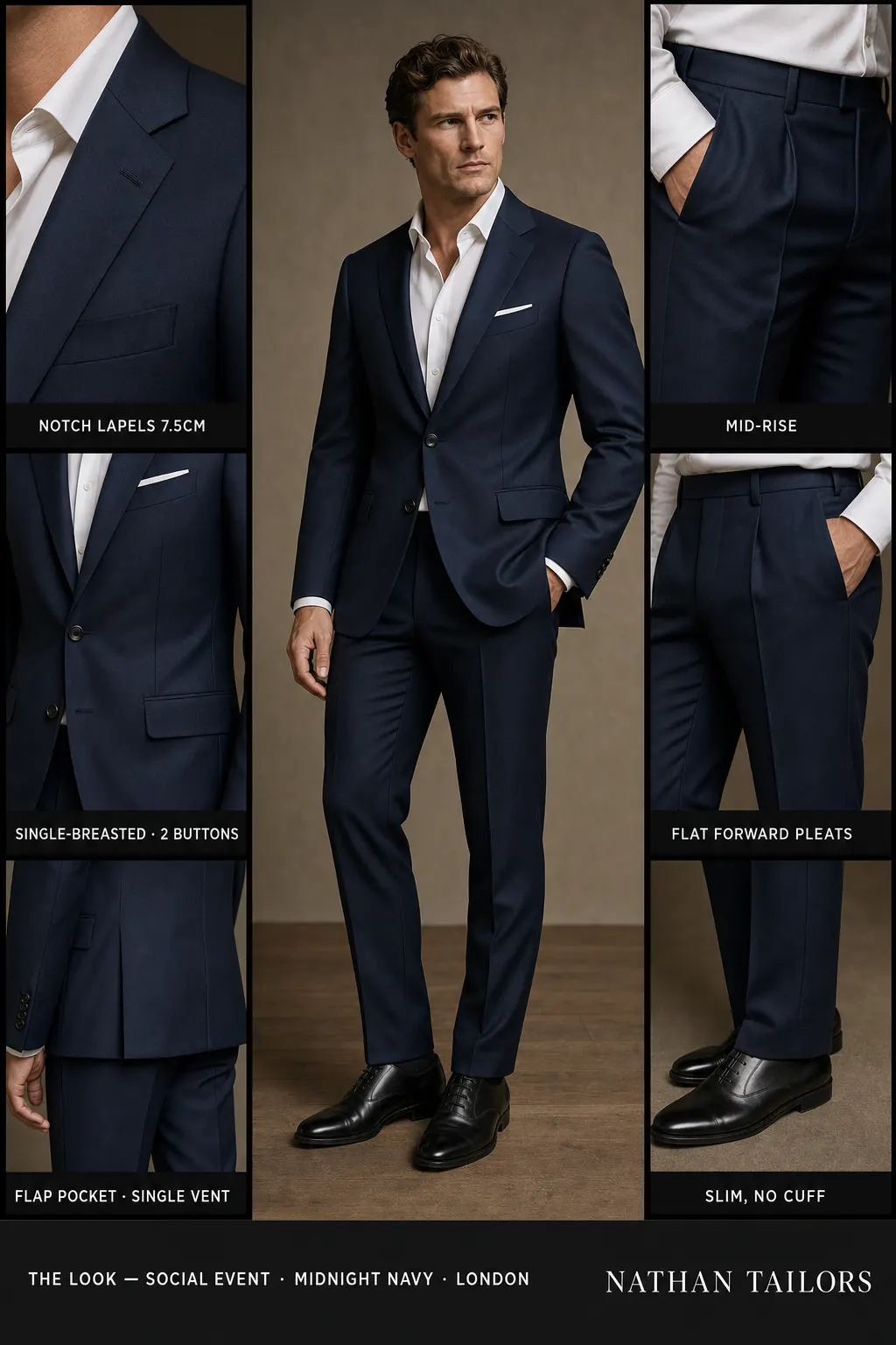 midnight navy single-breasted notch-lapel bespoke suit โ AI-rendered by Nathan Tailors, the Hoi An custom tailor. Available as a custom tailored suit from $149.