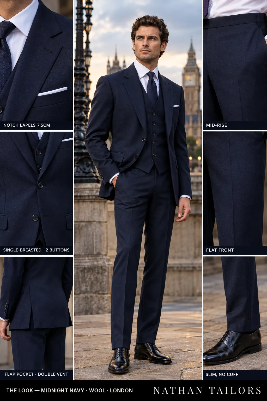 midnight navy single-breasted bespoke suit โ custom tailored by Nathan Tailors, the Hoi An custom tailor