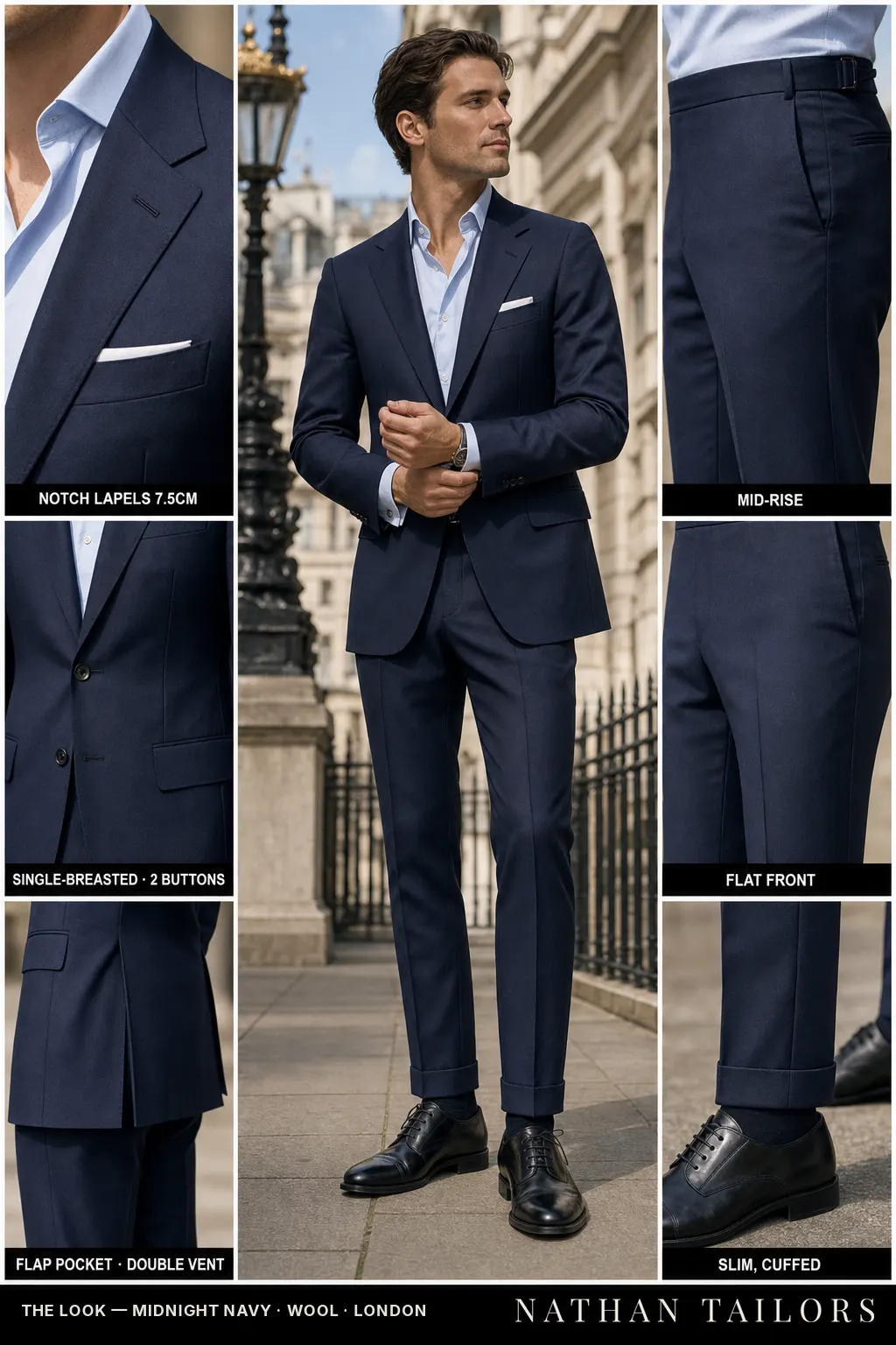 midnight navy single-breasted notch-lapel bespoke suit โ AI-rendered by Nathan Tailors, the Hoi An custom tailor. Available as a custom tailored suit from $149.