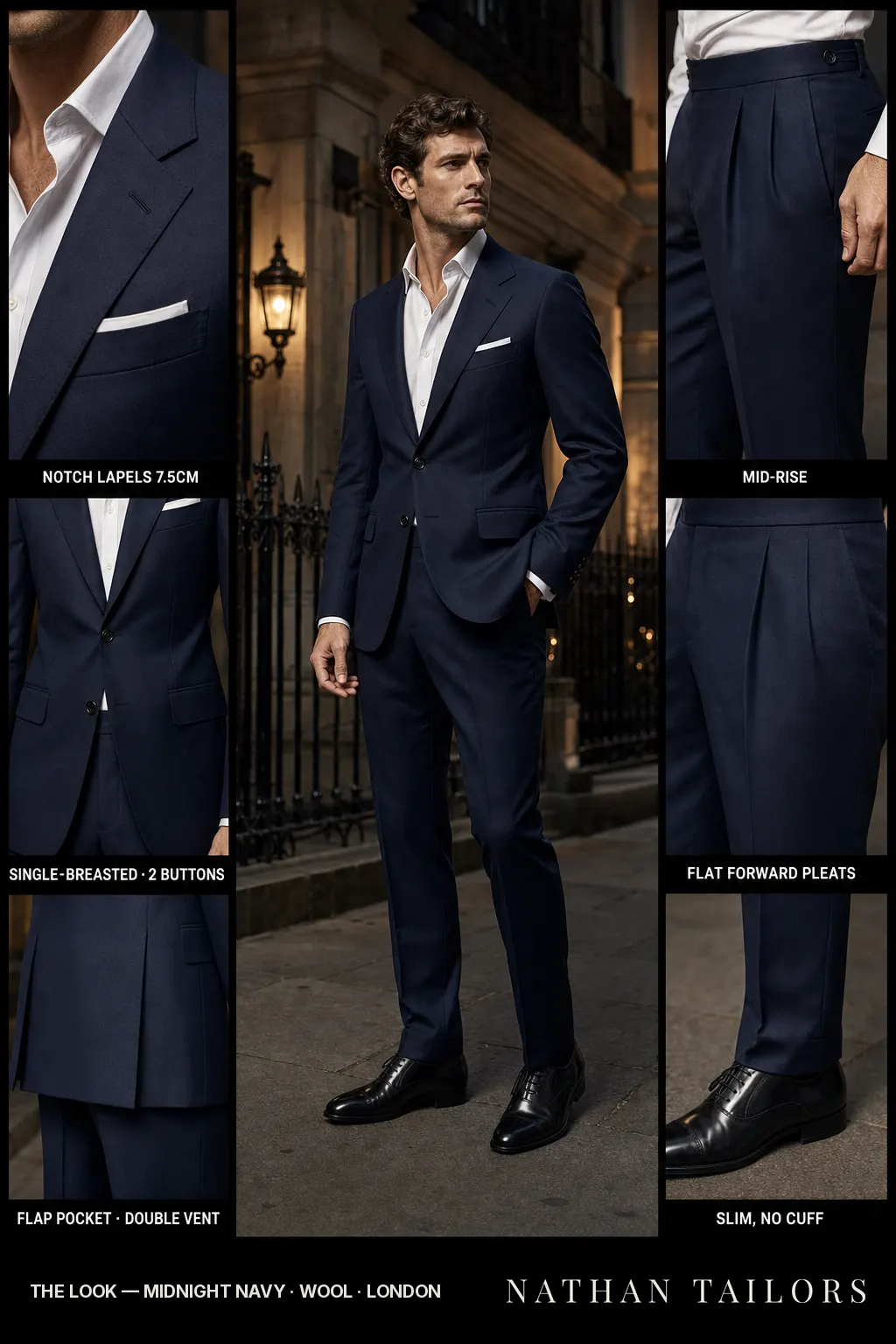 midnight navy single-breasted notch-lapel bespoke suit โ AI-rendered by Nathan Tailors, the Hoi An custom tailor. Available as a custom tailored suit from $149.