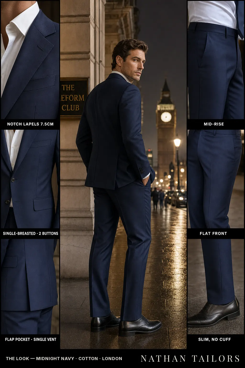 midnight navy single-breasted notch-lapel bespoke suit — AI-rendered by Nathan Tailors, the Hoi An custom tailor. Available as a custom tailored suit from $149.