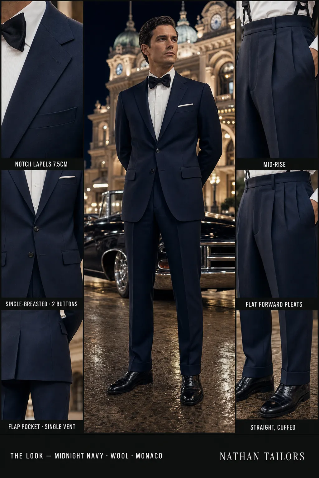 midnight navy single-breasted notch-lapel bespoke suit โ AI-rendered by Nathan Tailors, the Hoi An custom tailor. Available as a custom tailored suit from $149.