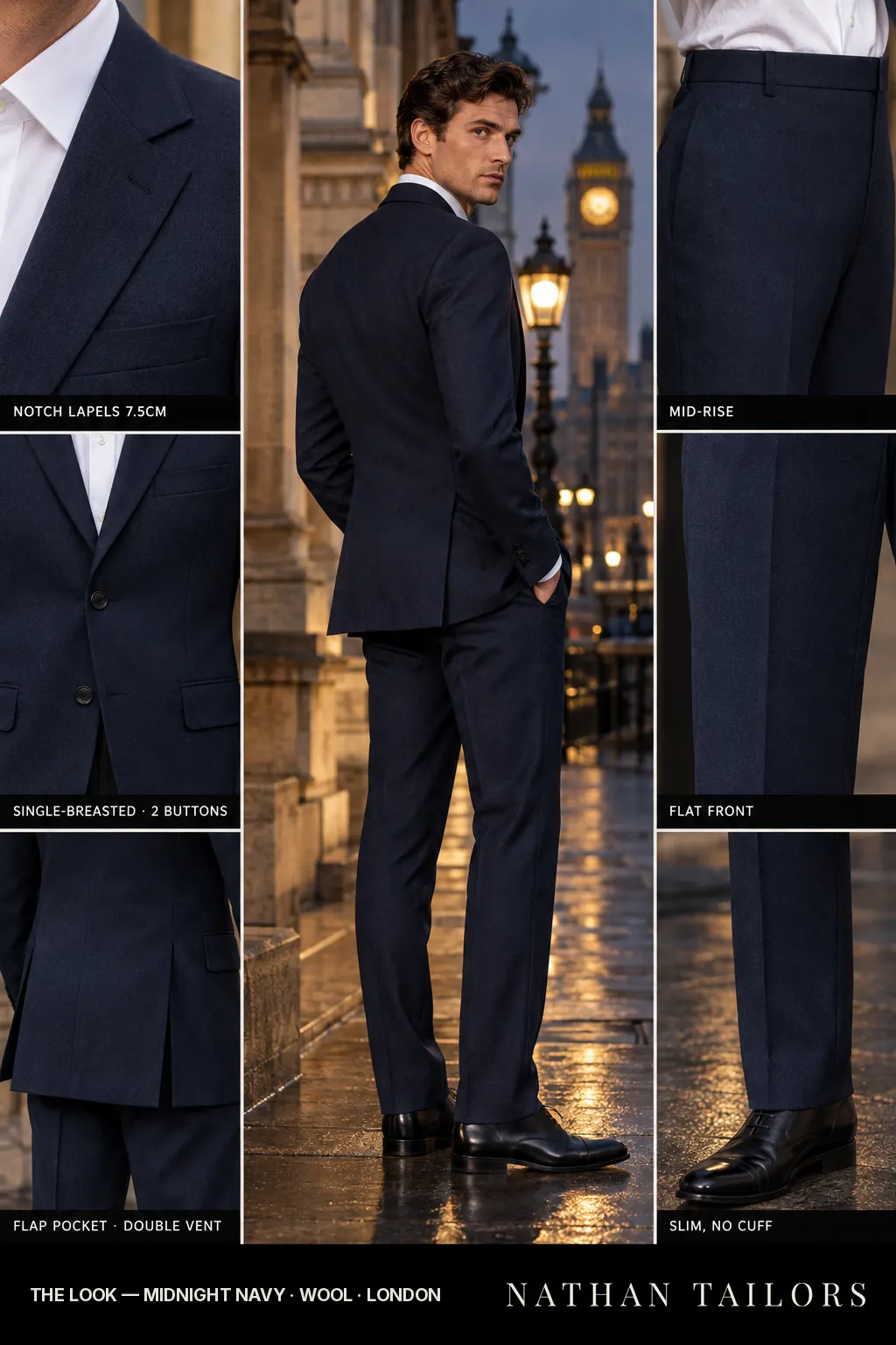 midnight navy single-breasted bespoke suit โ custom tailored by Nathan Tailors, the Hoi An custom tailor