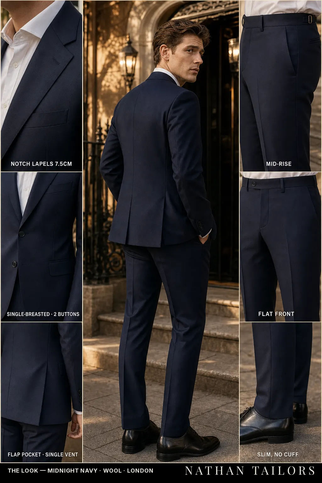 midnight navy single-breasted notch-lapel bespoke suit — AI-rendered by Nathan Tailors, the Hoi An custom tailor. Available as a custom tailored suit from $149.