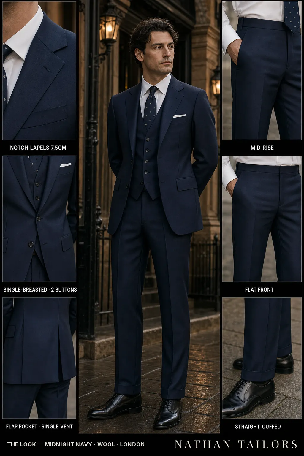 midnight navy single-breasted notch-lapel bespoke suit โ AI-rendered by Nathan Tailors, the Hoi An custom tailor. Available as a custom tailored suit from $149.