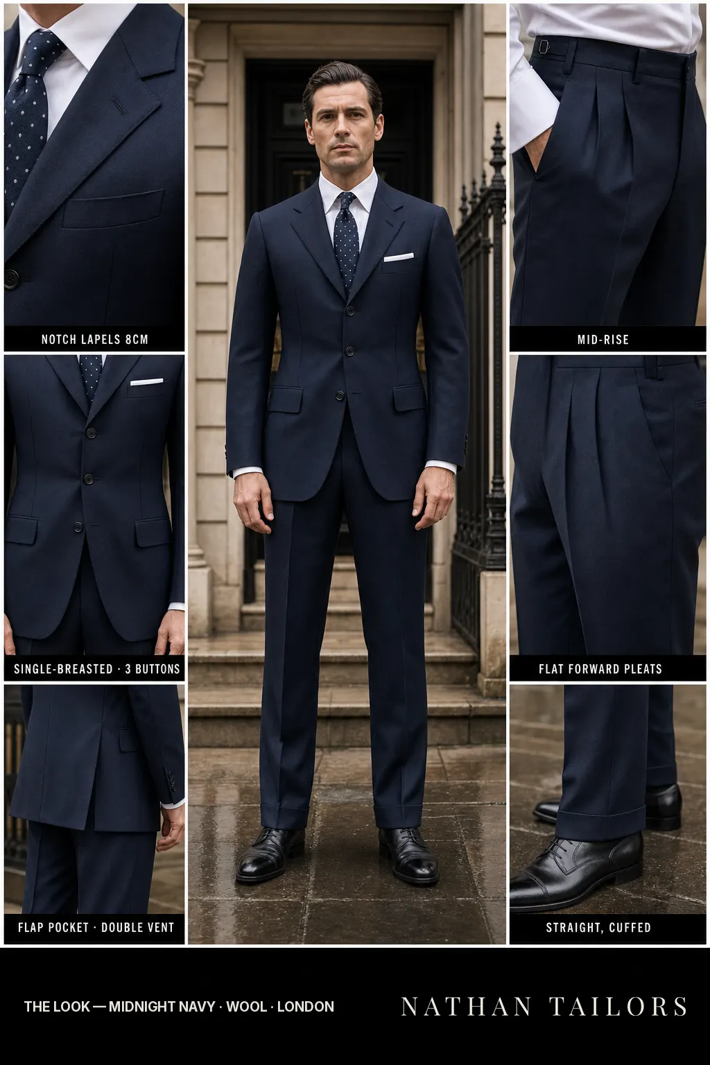 midnight navy single-breasted notch-lapel bespoke suit — AI-rendered by Nathan Tailors, the Hoi An custom tailor. Available as a custom tailored suit from $149.