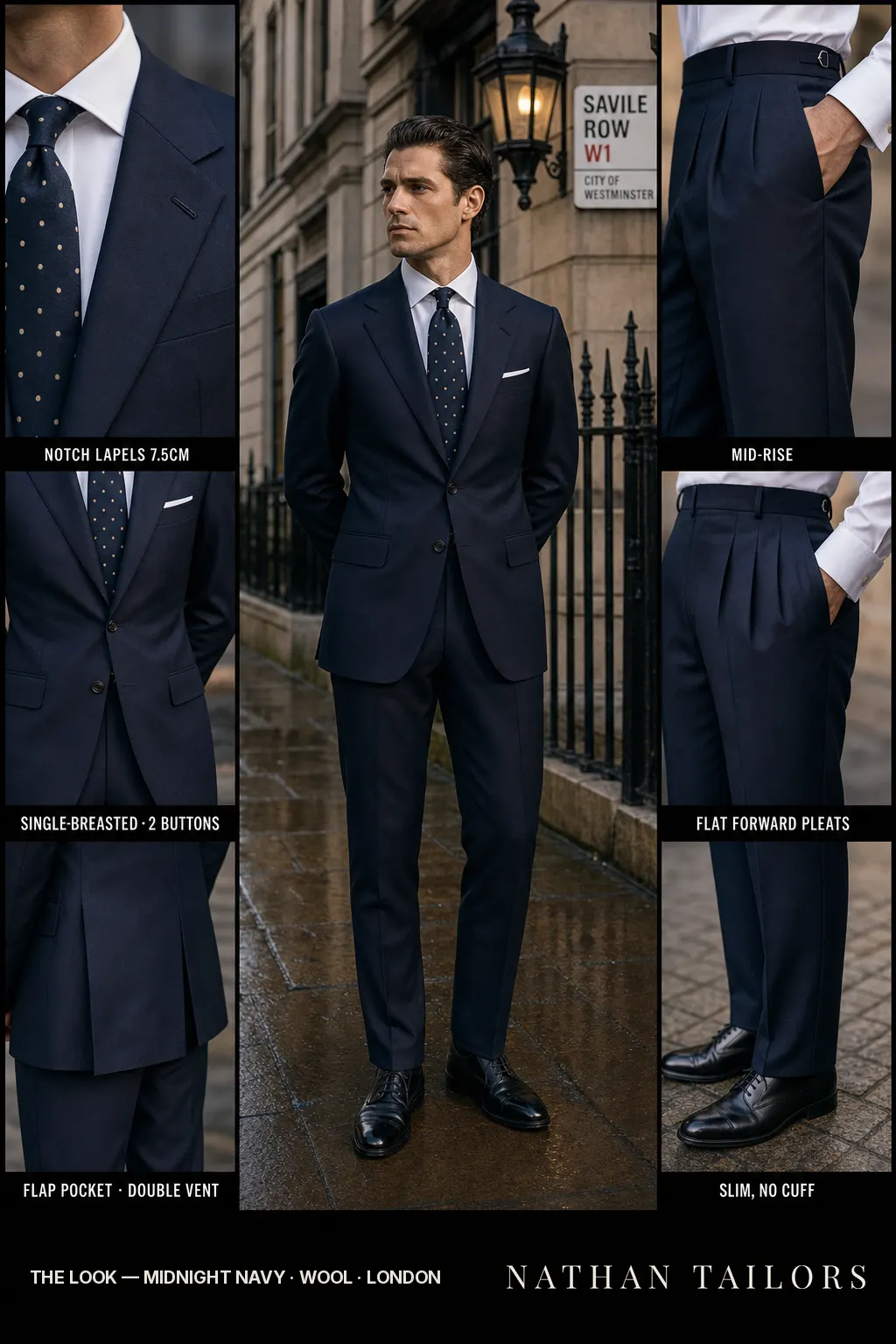 midnight navy single-breasted notch-lapel bespoke suit โ AI-rendered by Nathan Tailors, the Hoi An custom tailor. Available as a custom tailored suit from $149.
