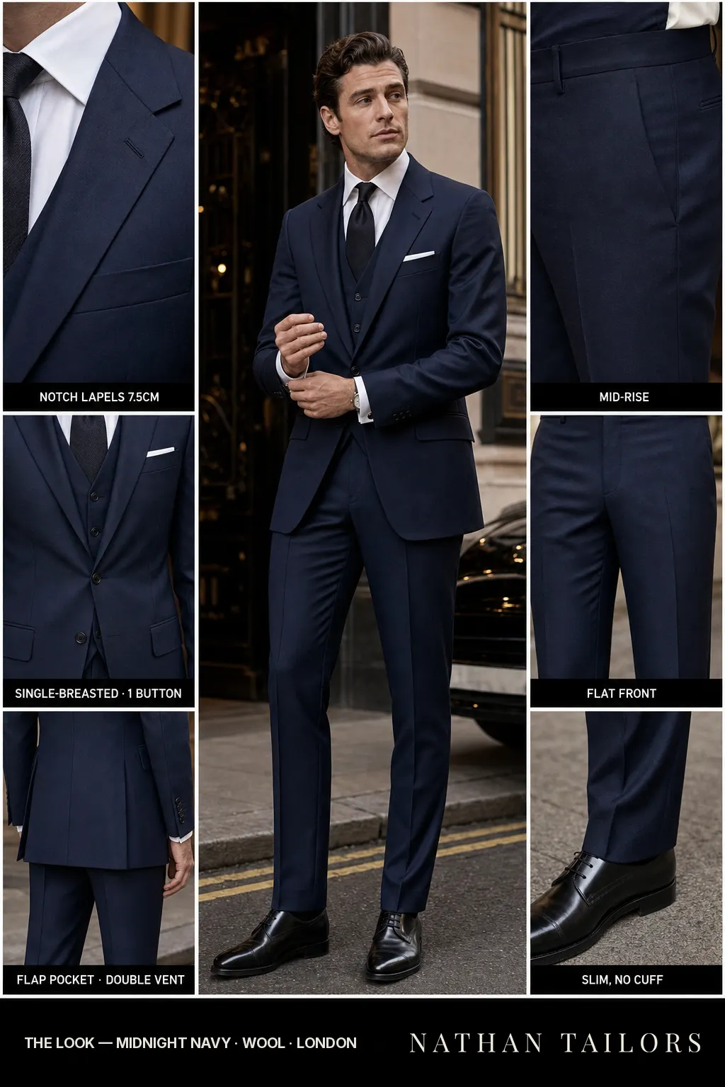 midnight navy single-breasted notch-lapel bespoke suit — AI-rendered by Nathan Tailors, the Hoi An custom tailor. Available as a custom tailored suit from $149.