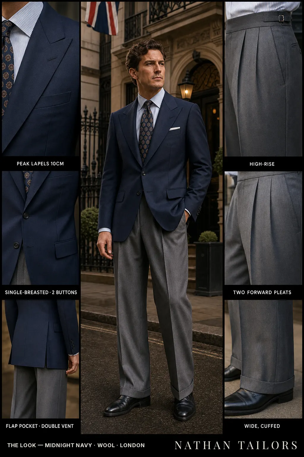 midnight navy single-breasted peak-lapel bespoke suit — AI-rendered by Nathan Tailors, the Hoi An custom tailor. Available as a custom tailored suit from $149.