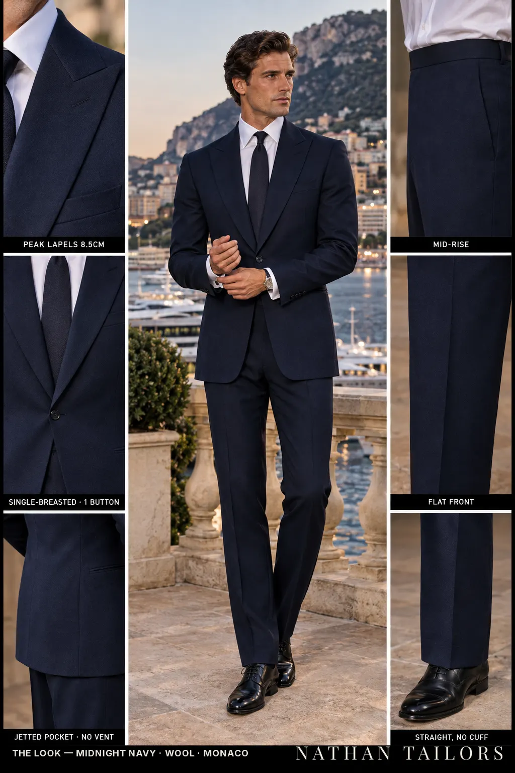 midnight navy single-breasted peak-lapel bespoke suit — AI-rendered by Nathan Tailors, the Hoi An custom tailor. Available as a custom tailored suit from $169.