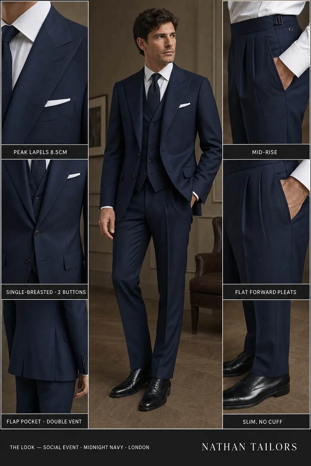 midnight navy single-breasted peak-lapel bespoke suit — AI-rendered by Nathan Tailors, the Hoi An custom tailor. Available as a custom tailored suit from $149.