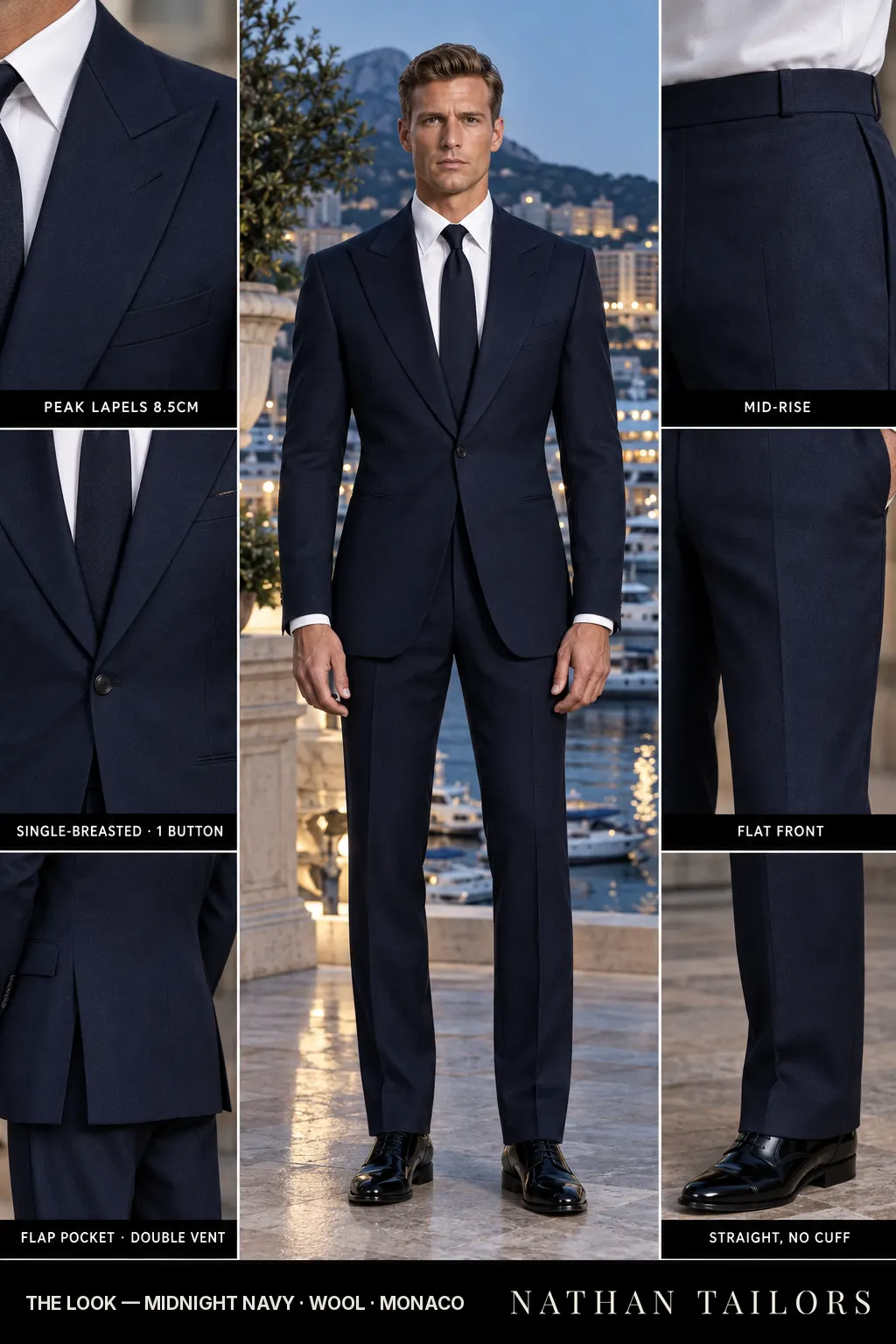 midnight navy single-breasted bespoke suit โ custom tailored by Nathan Tailors, the Hoi An custom tailor