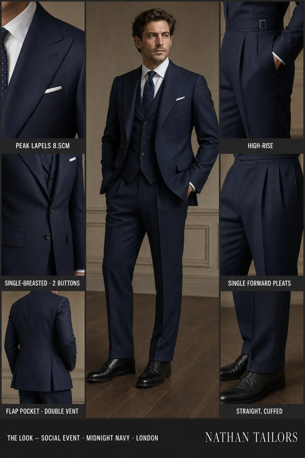 midnight navy single-breasted peak-lapel bespoke suit โ AI-rendered by Nathan Tailors, the Hoi An custom tailor. Available as a custom tailored suit from $149.