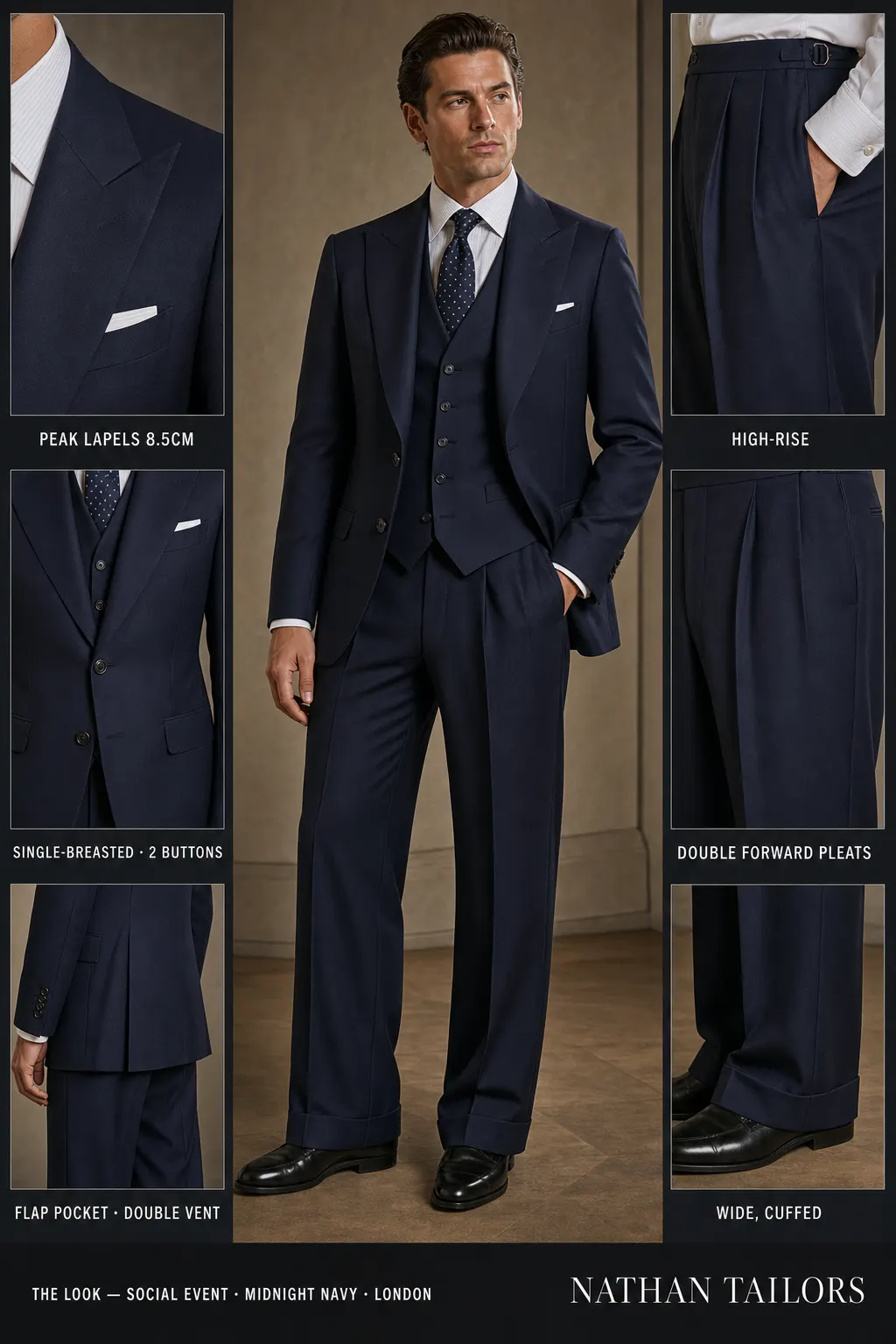 midnight navy single-breasted peak-lapel bespoke suit โ AI-rendered by Nathan Tailors, the Hoi An custom tailor. Available as a custom tailored suit from $149.