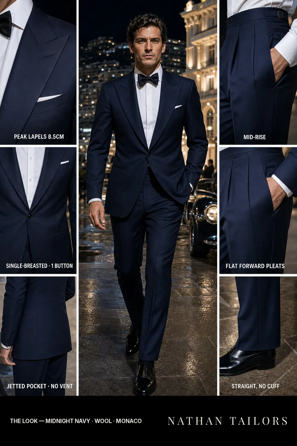 midnight navy single-breasted peak-lapel bespoke suit — AI-rendered by Nathan Tailors, the Hoi An custom tailor. Available as a custom tailored suit from $149.