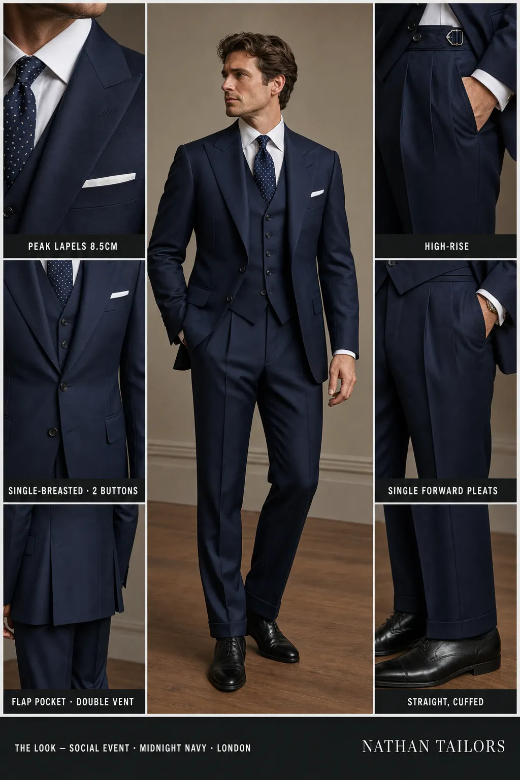midnight navy single-breasted peak-lapel bespoke suit — AI-rendered by Nathan Tailors, the Hoi An custom tailor. Available as a custom tailored suit from $149.