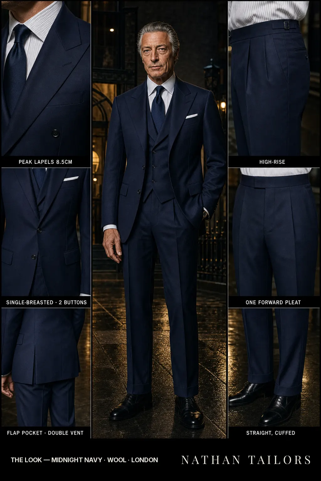 midnight navy single-breasted peak-lapel bespoke suit โ AI-rendered by Nathan Tailors, the Hoi An custom tailor. Available as a custom tailored suit from $149.