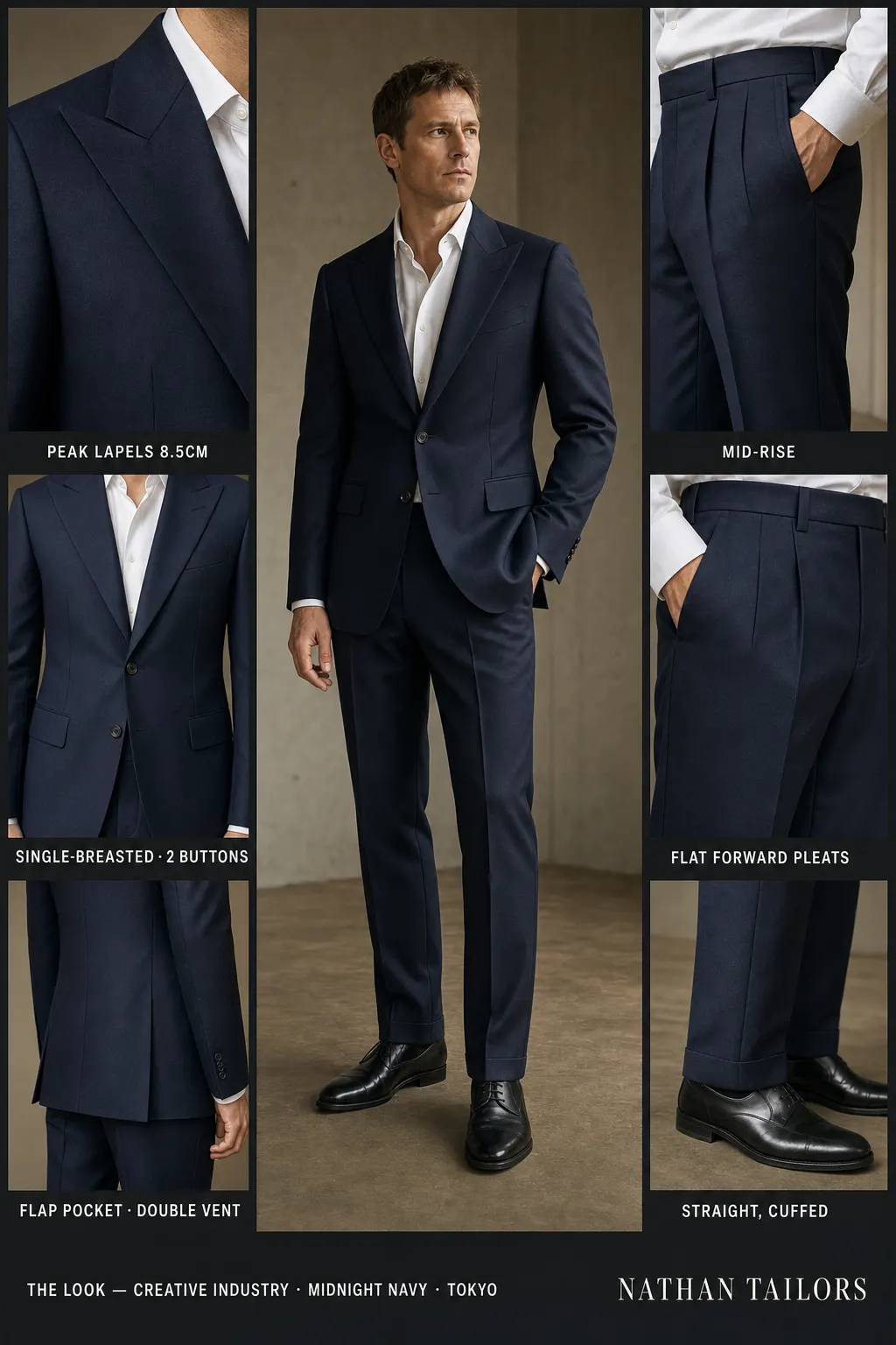 midnight navy single-breasted peak-lapel bespoke suit โ AI-rendered by Nathan Tailors, the Hoi An custom tailor. Available as a custom tailored suit from $149.