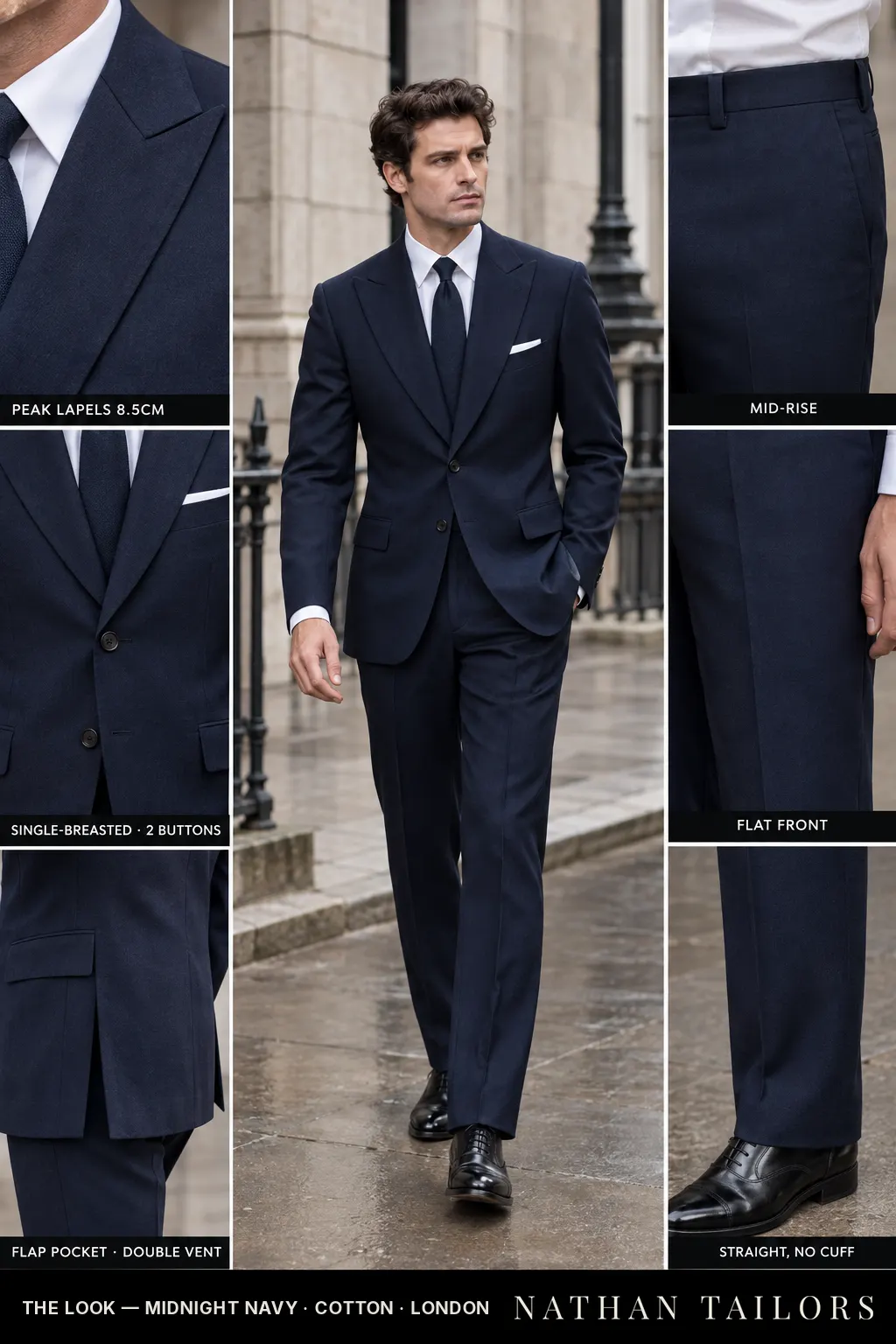 midnight navy single-breasted bespoke suit โ custom tailored by Nathan Tailors, the Hoi An custom tailor