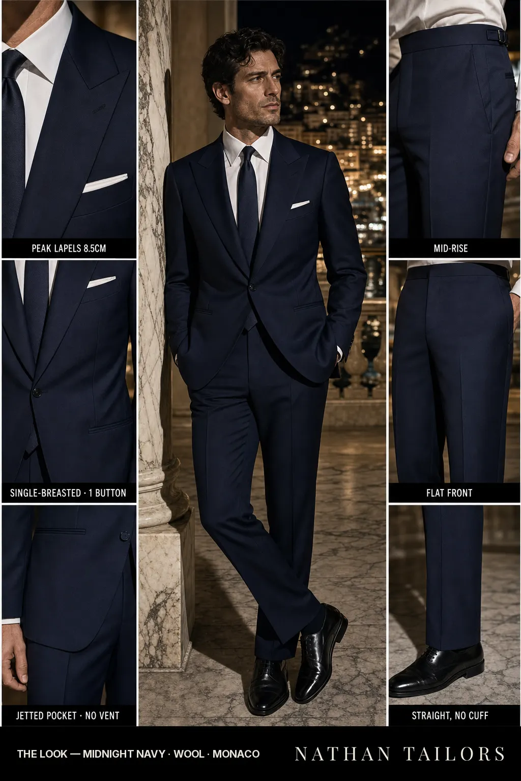 midnight navy single-breasted peak-lapel bespoke suit — AI-rendered by Nathan Tailors, the Hoi An custom tailor. Available as a custom tailored suit from $149.