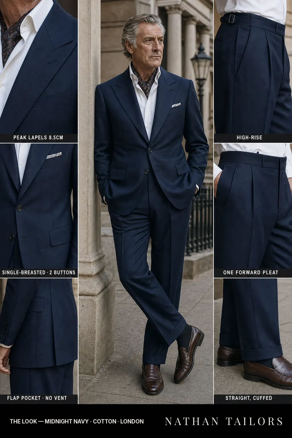 midnight navy single-breasted peak-lapel bespoke suit — AI-rendered by Nathan Tailors, the Hoi An custom tailor. Available as a custom tailored suit from $149.
