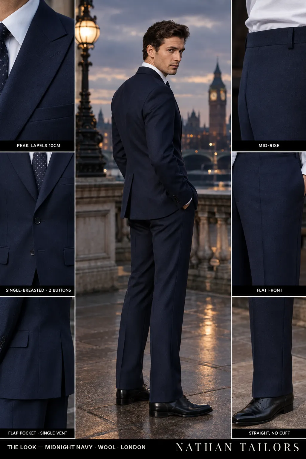 midnight navy single-breasted peak-lapel bespoke suit โ AI-rendered by Nathan Tailors, the Hoi An custom tailor. Available as a custom tailored suit from $149.