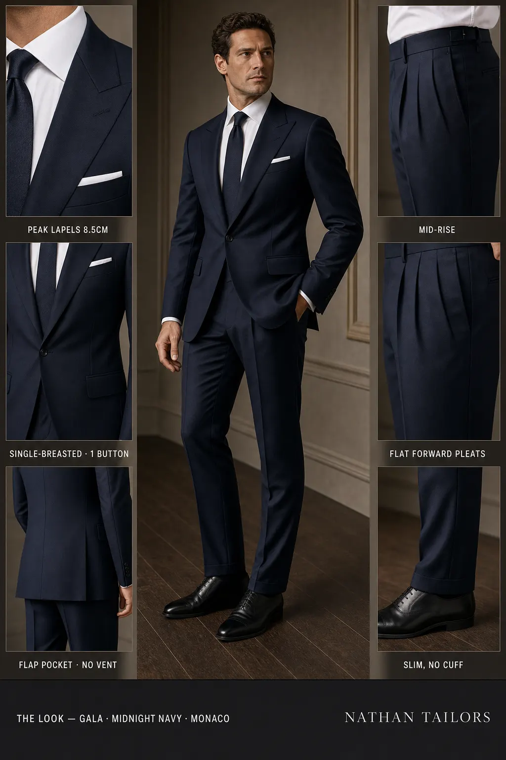 midnight navy single-breasted peak-lapel bespoke suit — AI-rendered by Nathan Tailors, the Hoi An custom tailor. Available as a custom tailored suit from $149.