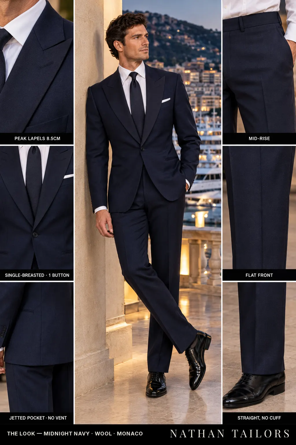 midnight navy single-breasted bespoke suit โ custom tailored by Nathan Tailors, the Hoi An custom tailor