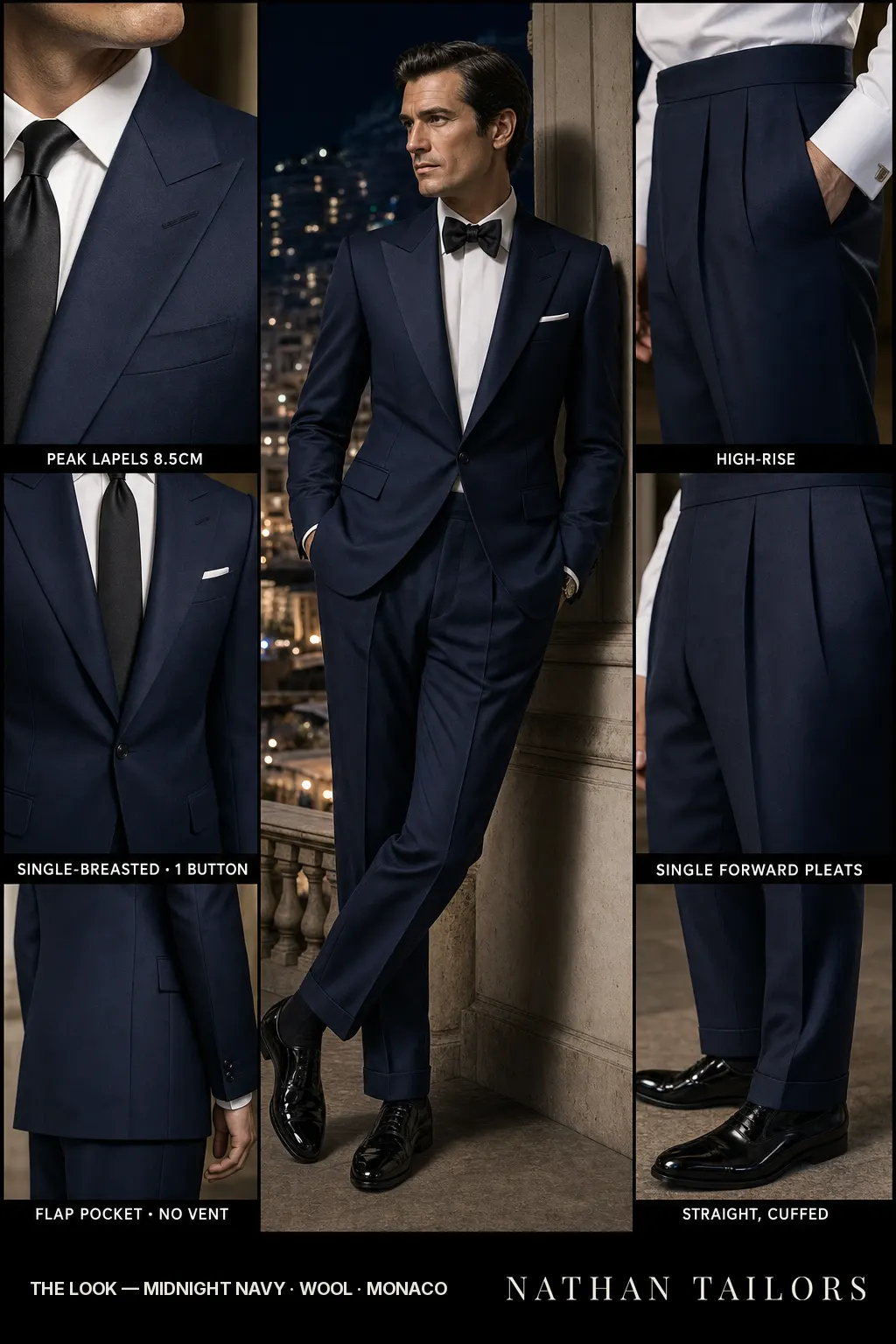 midnight navy single-breasted peak-lapel bespoke suit — AI-rendered by Nathan Tailors, the Hoi An custom tailor. Available as a custom tailored suit from $149.
