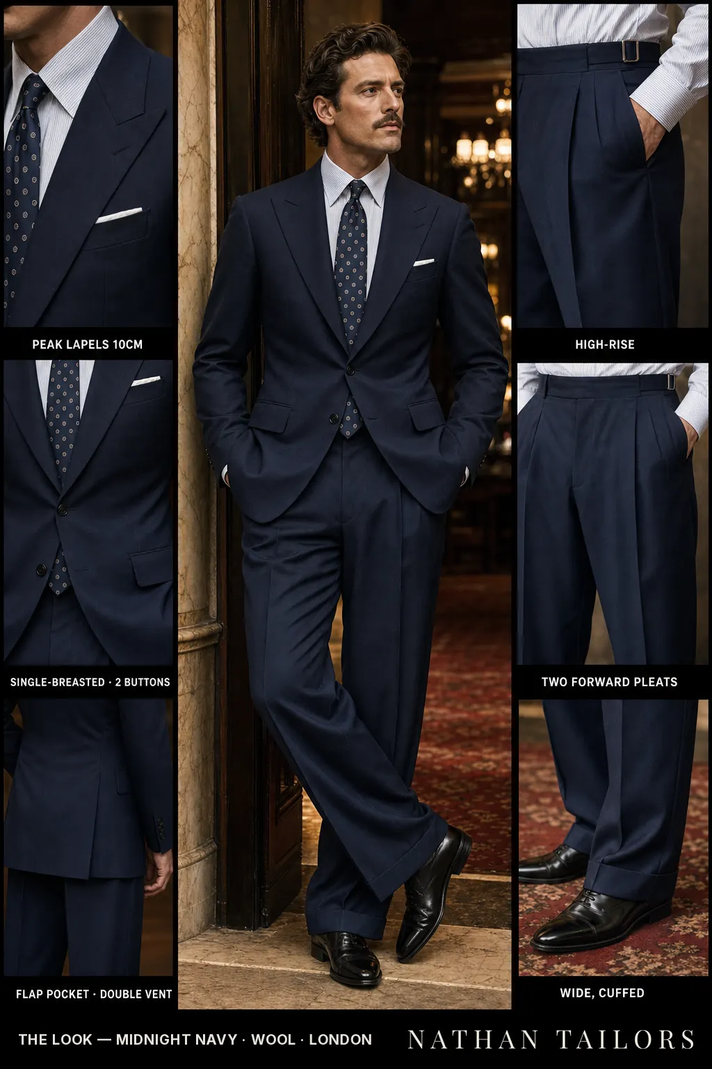 midnight navy single-breasted peak-lapel bespoke suit โ AI-rendered by Nathan Tailors, the Hoi An custom tailor. Available as a custom tailored suit from $149.