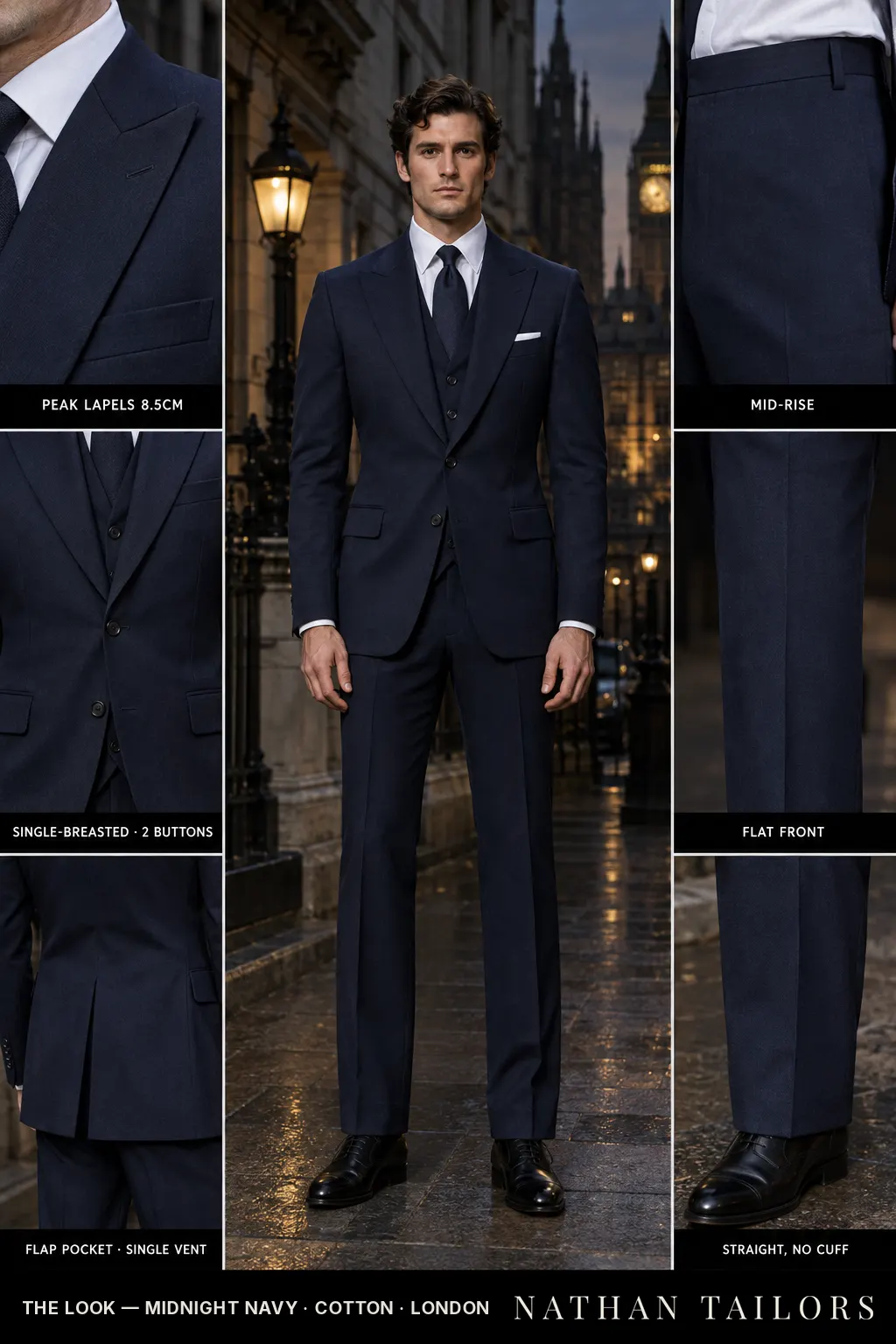 midnight navy single-breasted bespoke suit — custom tailored by Nathan Tailors, the Hoi An custom tailor