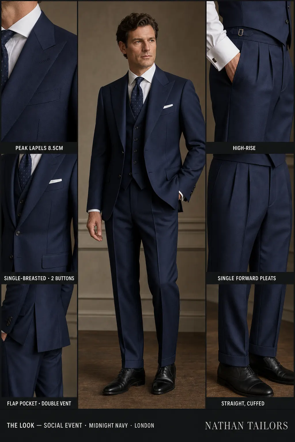 midnight navy single-breasted peak-lapel bespoke suit — AI-rendered by Nathan Tailors, the Hoi An custom tailor. Available as a custom tailored suit from $149.