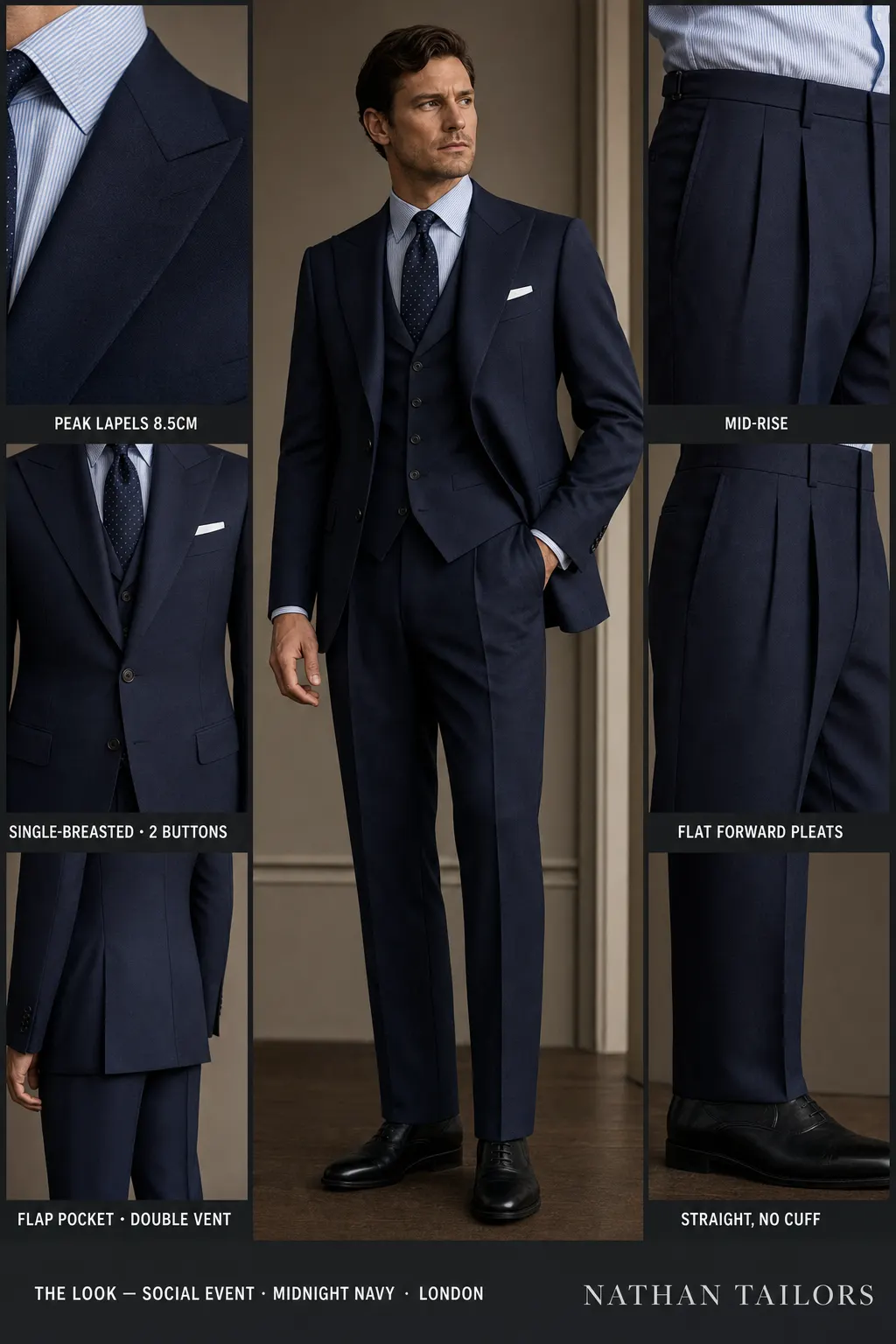 midnight navy single-breasted peak-lapel bespoke suit — AI-rendered by Nathan Tailors, the Hoi An custom tailor. Available as a custom tailored suit from $149.