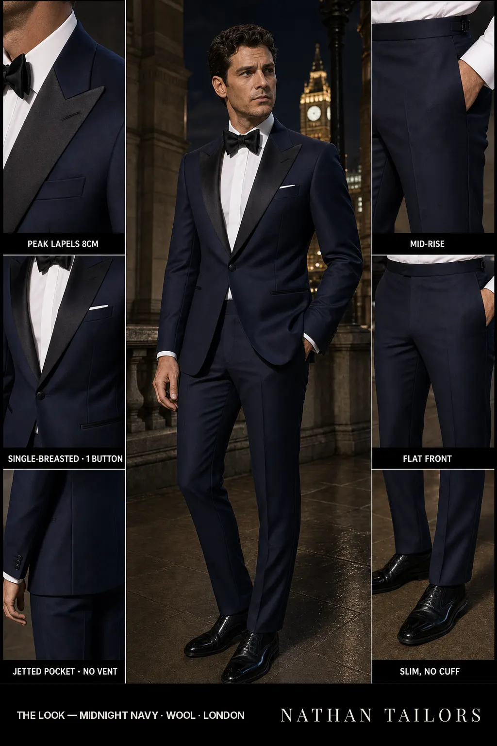 midnight navy single-breasted peak-lapel bespoke suit — AI-rendered by Nathan Tailors, the Hoi An custom tailor. Available as a custom tailored suit from $149.