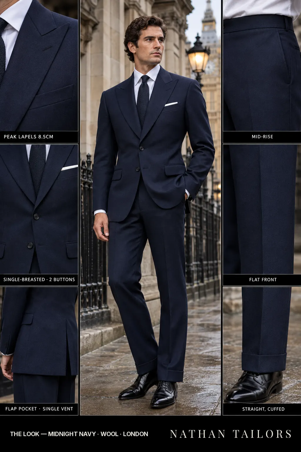 midnight navy single-breasted peak-lapel bespoke suit โ AI-rendered by Nathan Tailors, the Hoi An custom tailor. Available as a custom tailored suit from $149.
