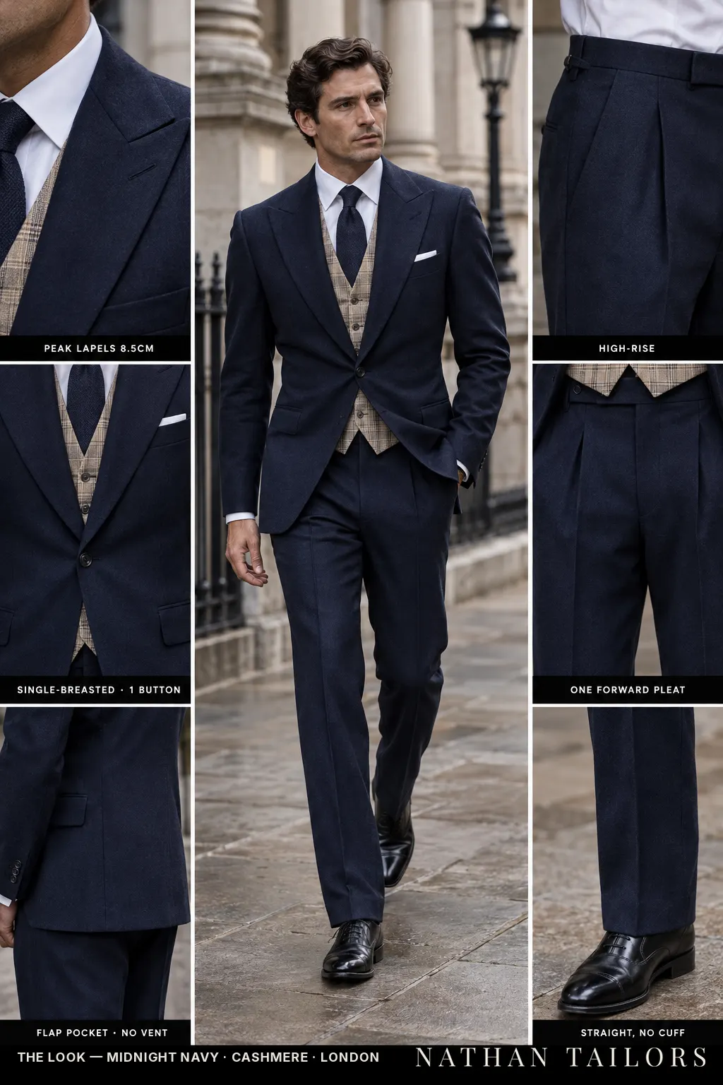 midnight navy single-breasted peak-lapel bespoke suit — AI-rendered by Nathan Tailors, the Hoi An custom tailor. Available as a custom tailored suit from $169.