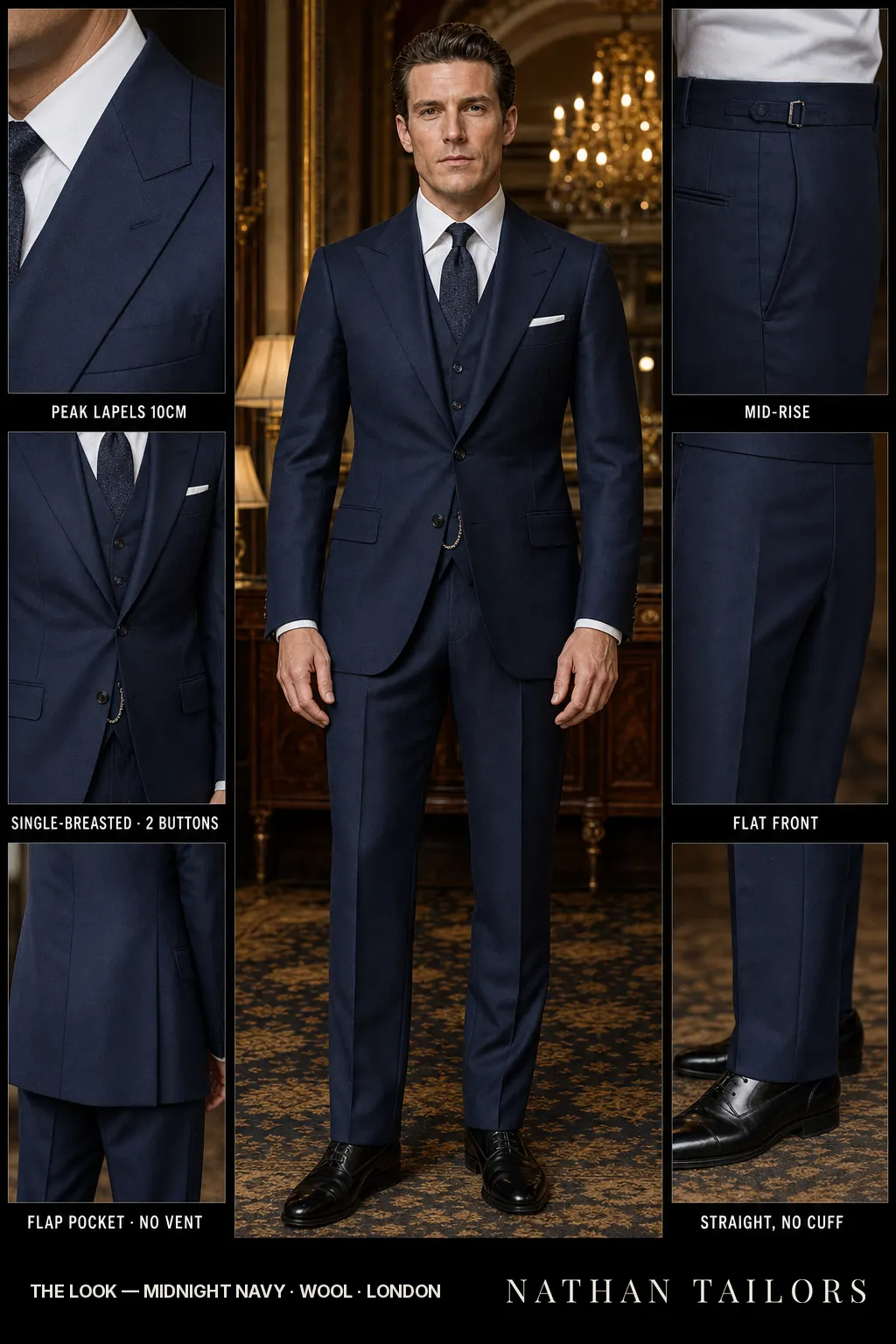 midnight navy single-breasted bespoke suit โ custom tailored by Nathan Tailors, the Hoi An custom tailor