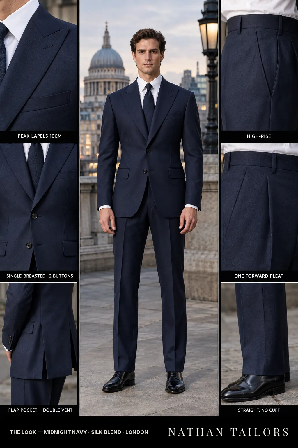 midnight navy single-breasted peak-lapel bespoke suit โ AI-rendered by Nathan Tailors, the Hoi An custom tailor. Available as a custom tailored suit from $149.