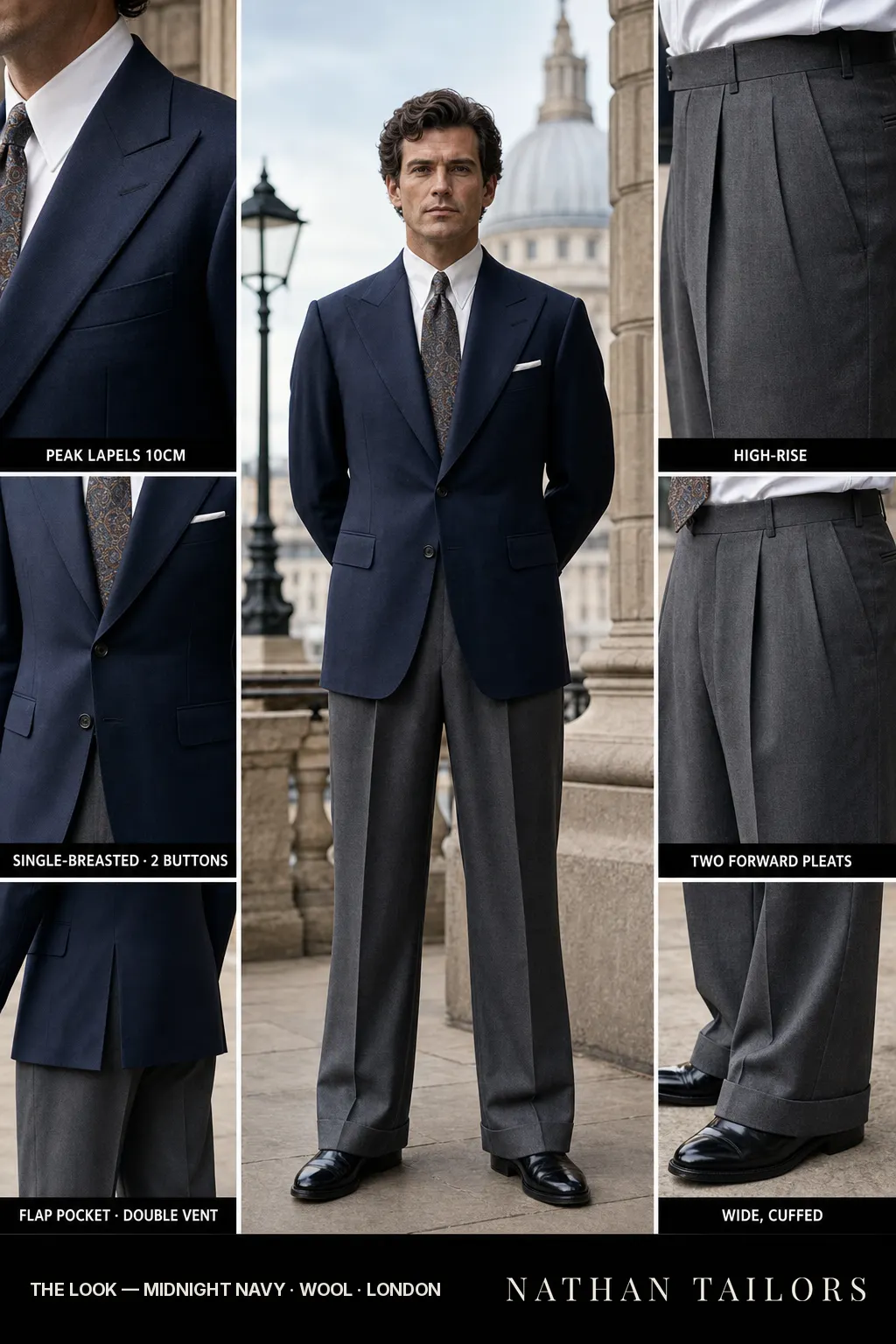 midnight navy single-breasted peak-lapel bespoke suit — AI-rendered by Nathan Tailors, the Hoi An custom tailor. Available as a custom tailored suit from $149.