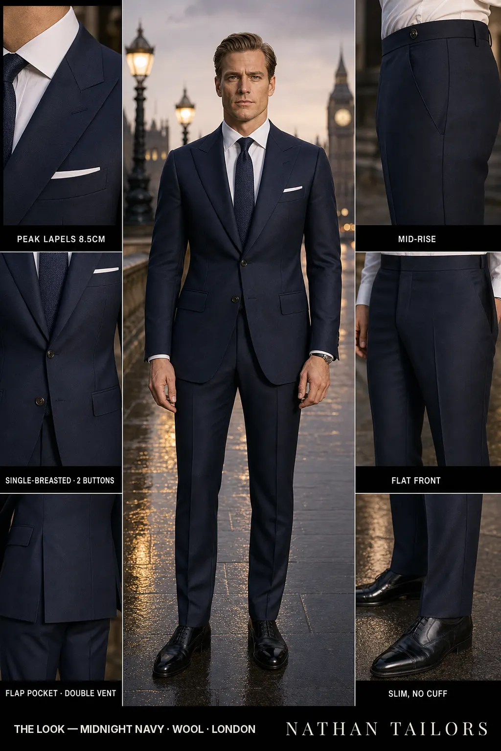 midnight navy single-breasted peak-lapel bespoke suit โ AI-rendered by Nathan Tailors, the Hoi An custom tailor. Available as a custom tailored suit from $149.