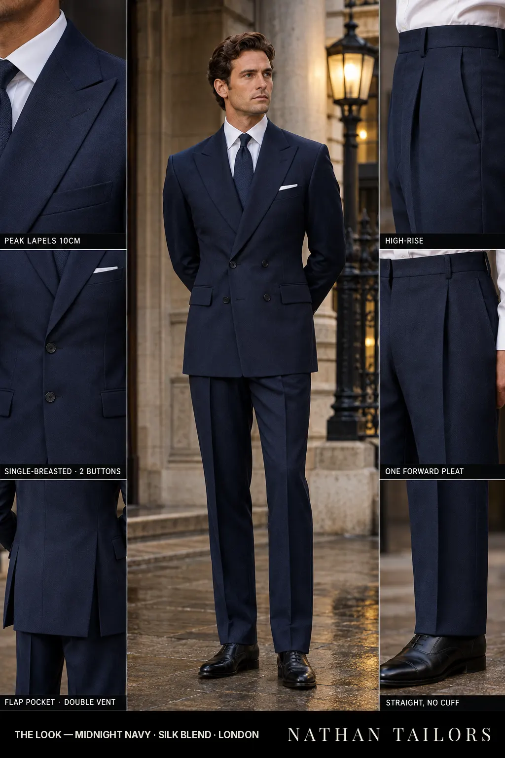 midnight navy single-breasted peak-lapel bespoke suit โ AI-rendered by Nathan Tailors, the Hoi An custom tailor. Available as a custom tailored suit from $149.
