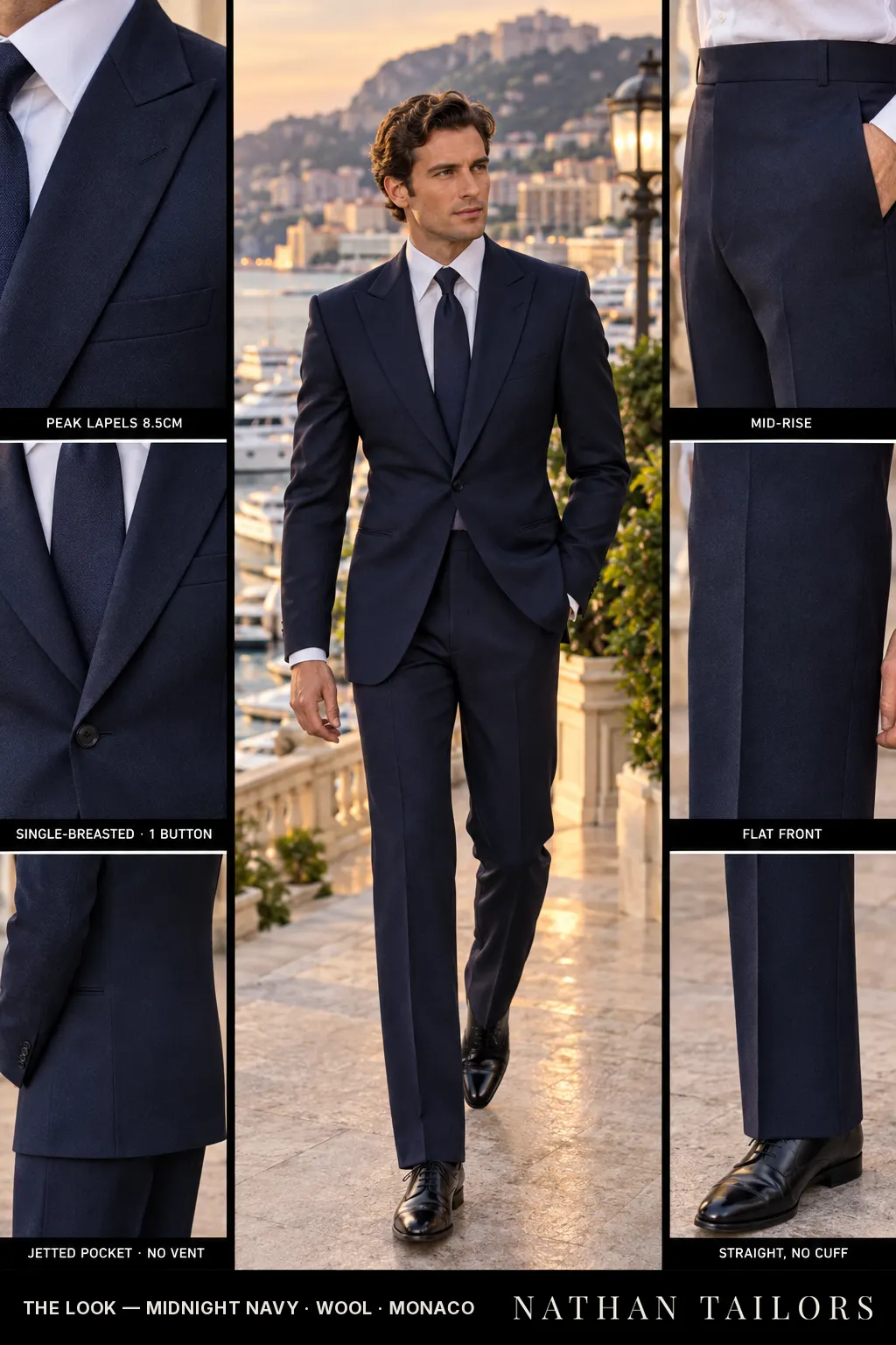 midnight navy single-breasted peak-lapel bespoke suit — AI-rendered by Nathan Tailors, the Hoi An custom tailor. Available as a custom tailored suit from $149.